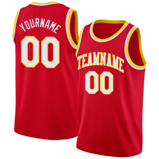 Custom Red White-Gold Round Neck Rib-Knit Basketball Jersey - Main View