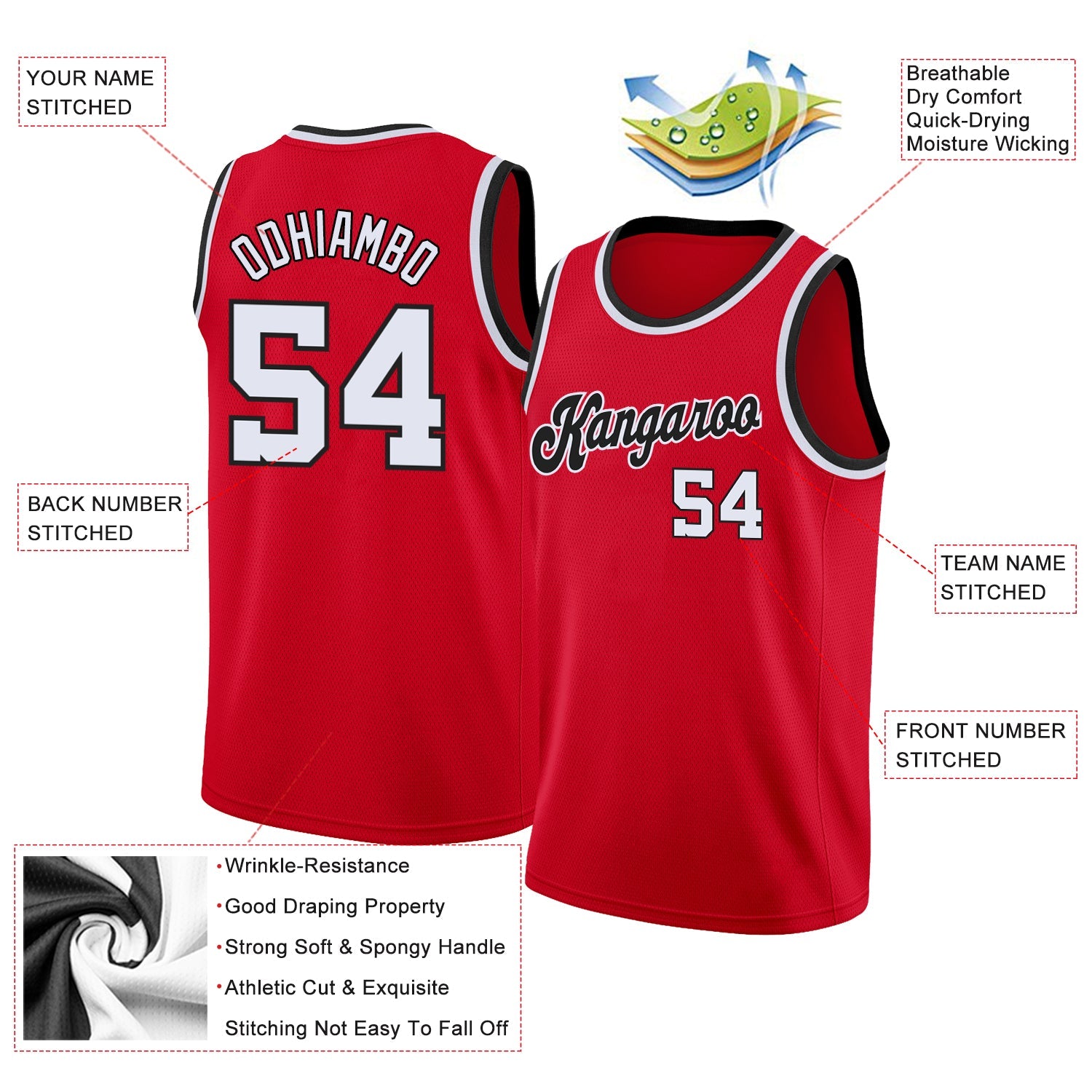 Custom Red White-Black Round Neck Rib-Knit Basketball Jersey view 2