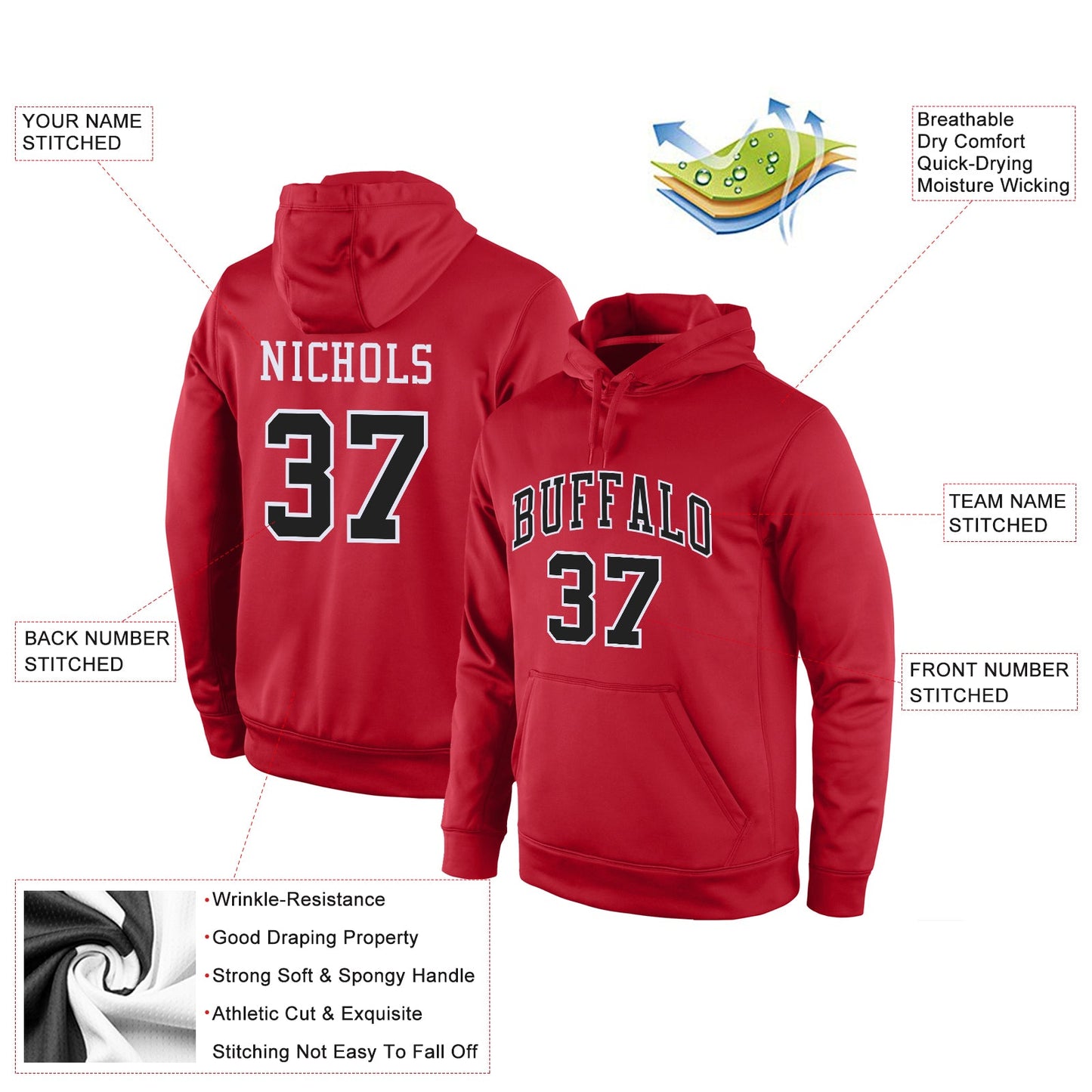 Custom Stitched Red Black-White Sports Pullover Sweatshirt Hoodie view 4