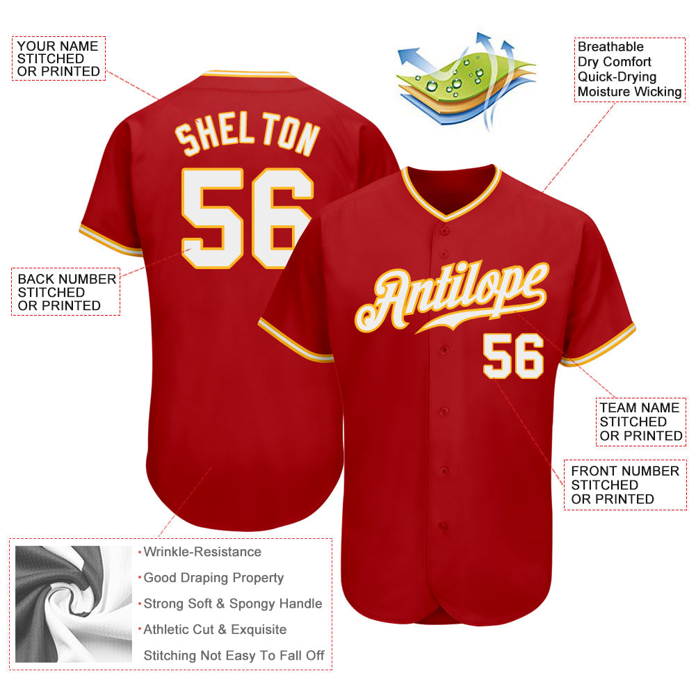 Custom Red White-Gold Authentic Baseball Jersey view 3