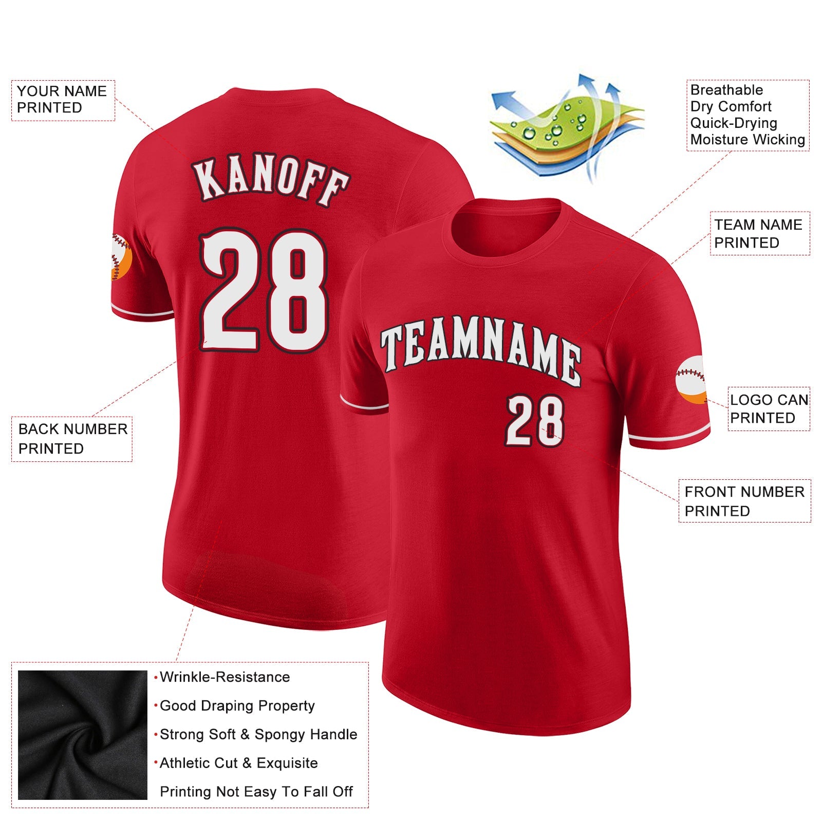 Custom Red White-Black Performance T-Shirt view 2