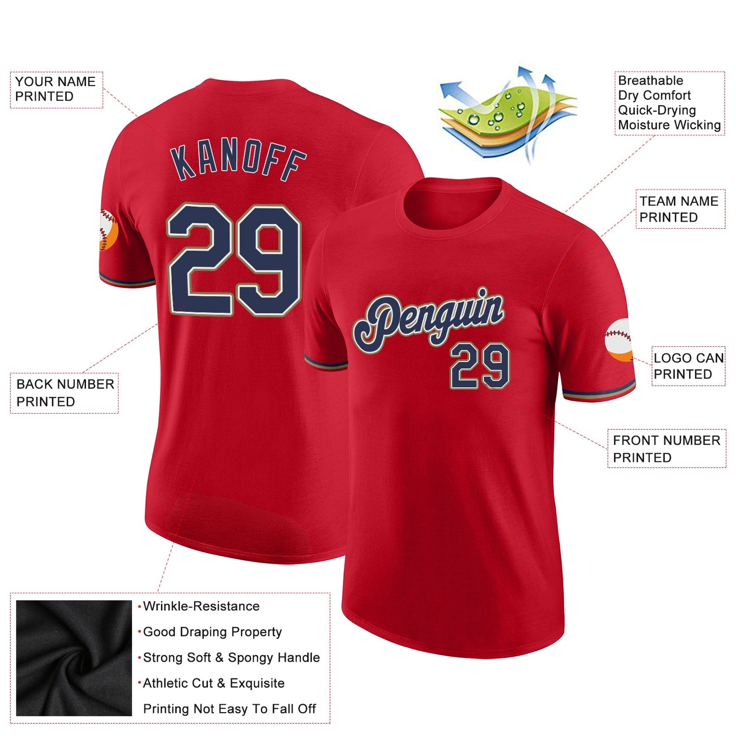 Custom Red Navy-Old Gold Performance T-Shirt view 2