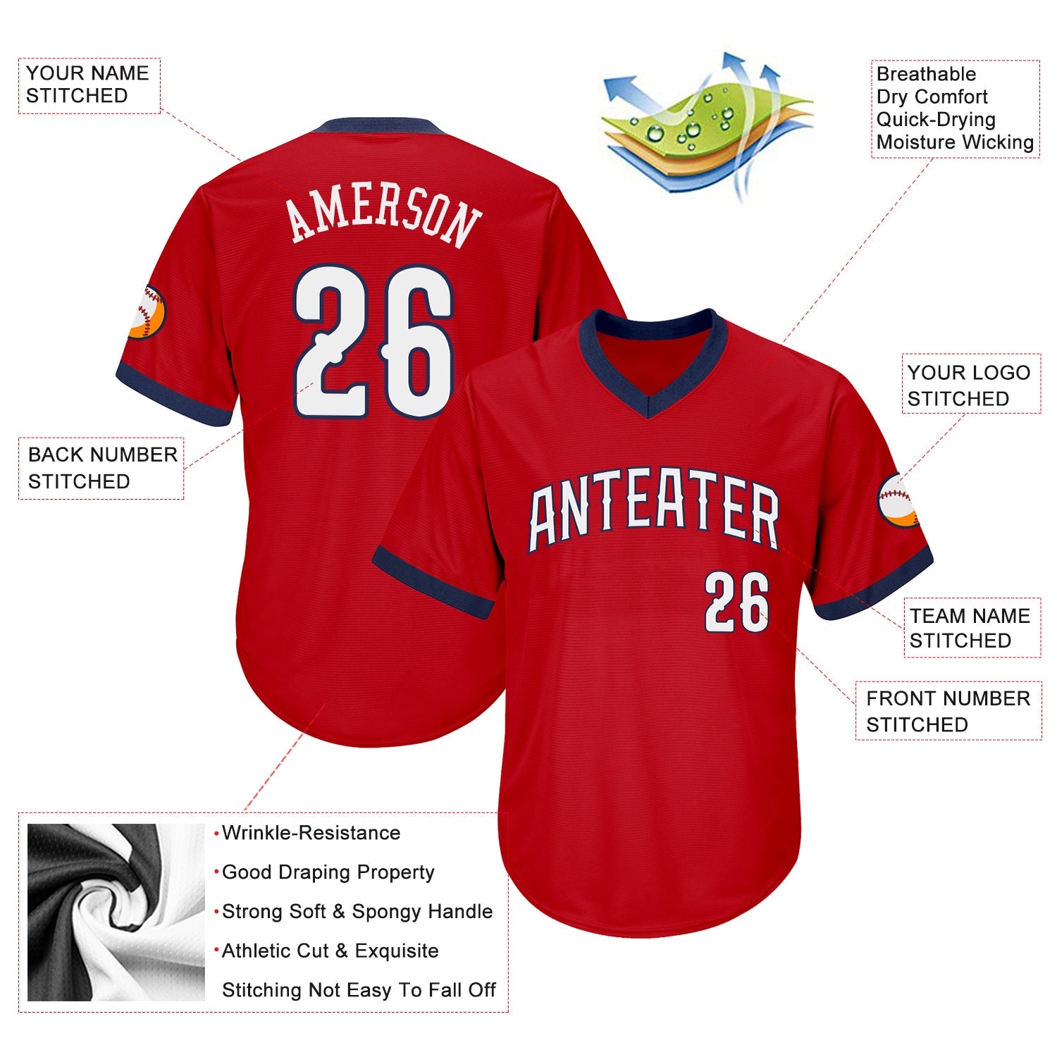 Custom Red White-Navy Authentic Throwback Rib-Knit Baseball Jersey Shirt view 4