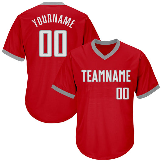 Custom Red White-Gray Authentic Throwback Rib-Knit Baseball Jersey Shirt - Main View
