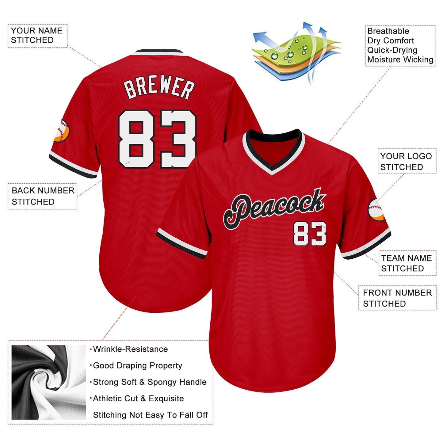Custom Red White-Black Authentic Throwback Rib-Knit Baseball Jersey Shirt view 4
