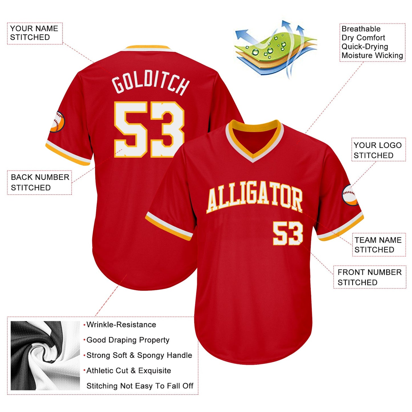 Custom Red White-Gold Authentic Throwback Rib-Knit Baseball Jersey Shirt view 4