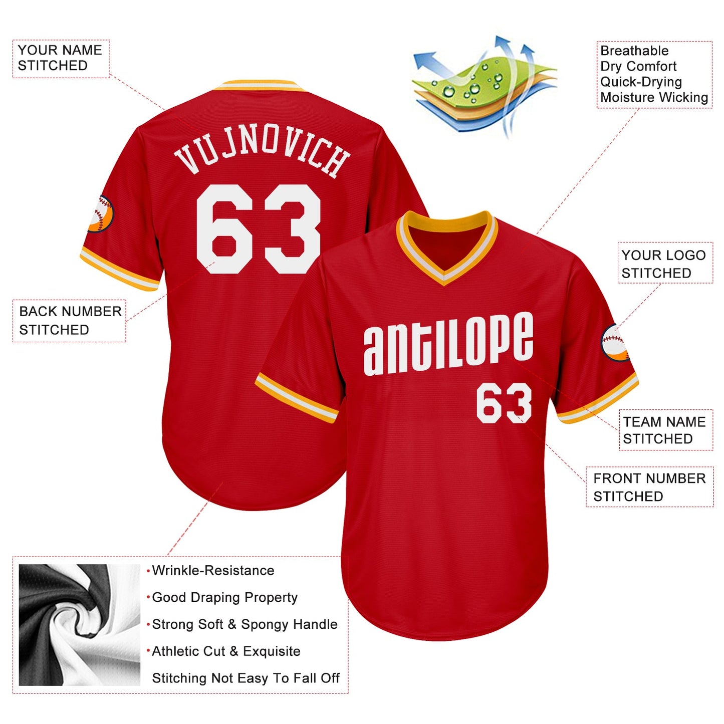 Custom Red White-Gold Authentic Throwback Rib-Knit Baseball Jersey Shirt view 4