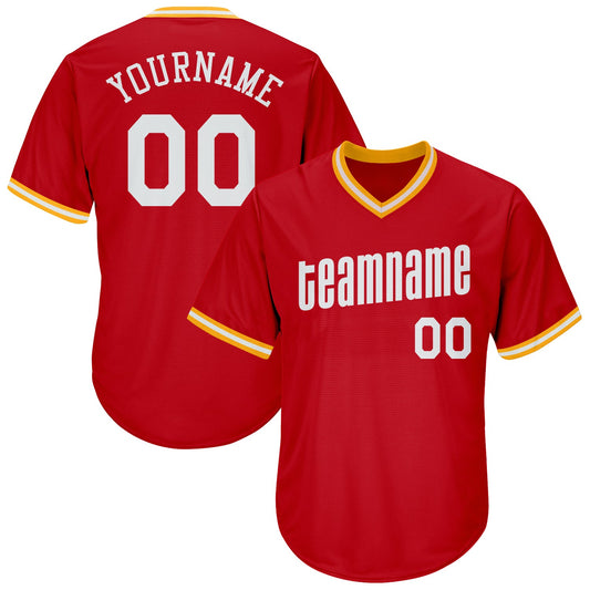 Custom Red White-Gold Authentic Throwback Rib-Knit Baseball Jersey Shirt - Main View
