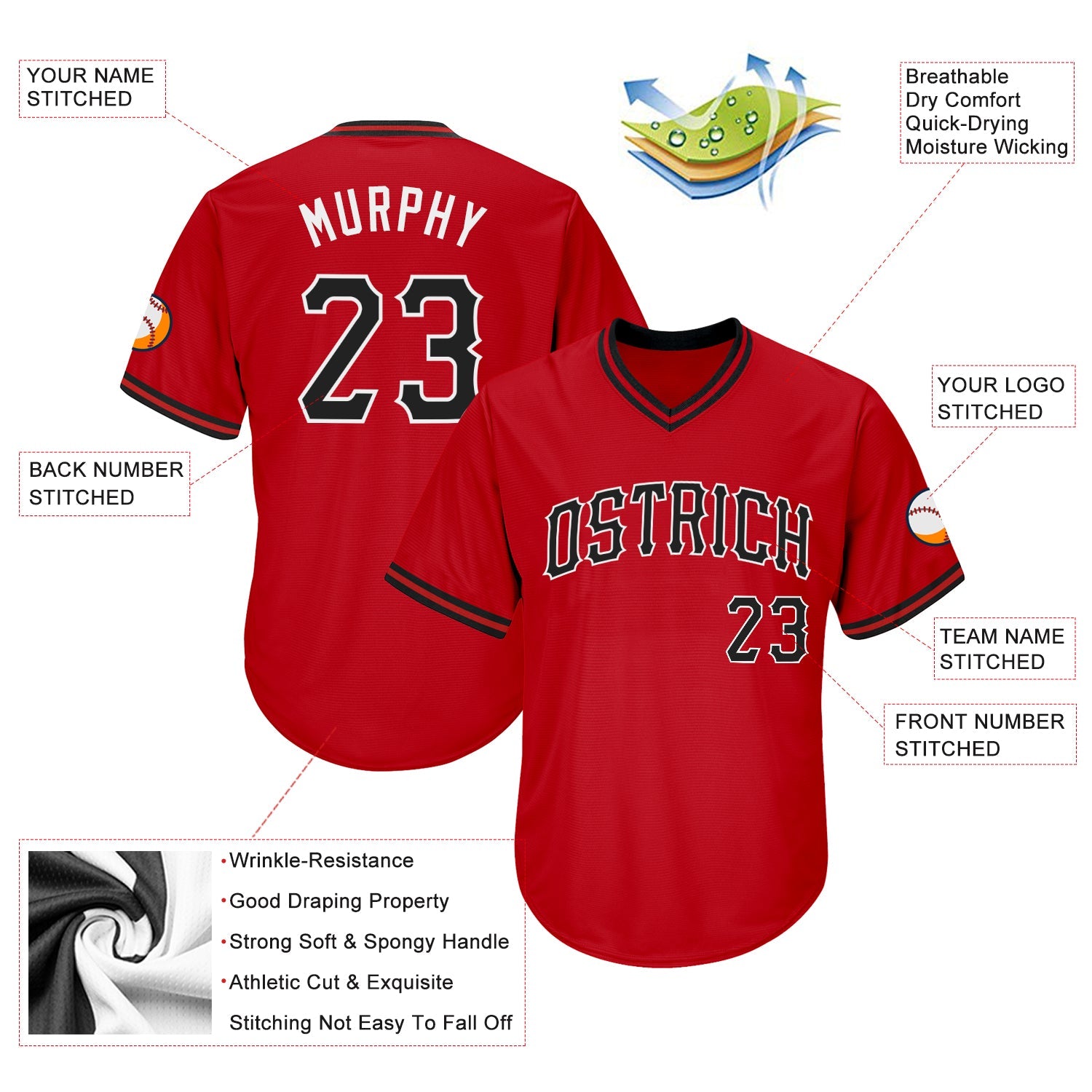 Custom Red Black-White Authentic Throwback Rib-Knit Baseball Jersey Shirt view 4