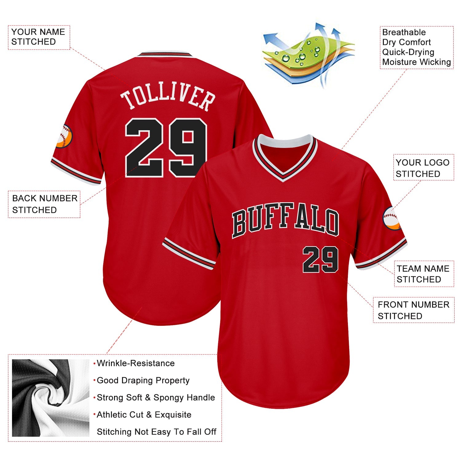 Custom Red Black-White Authentic Throwback Rib-Knit Baseball Jersey Shirt view 4