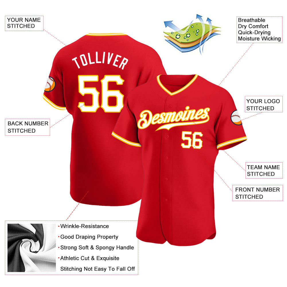 Custom Red White-Gold Authentic Baseball Jersey view 3