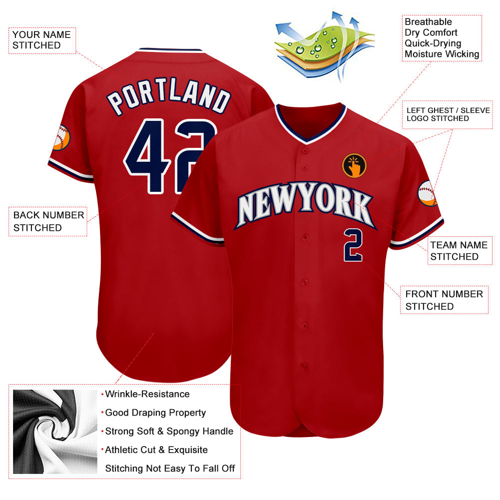 Custom Red Navy-White Authentic Baseball Jersey view 3