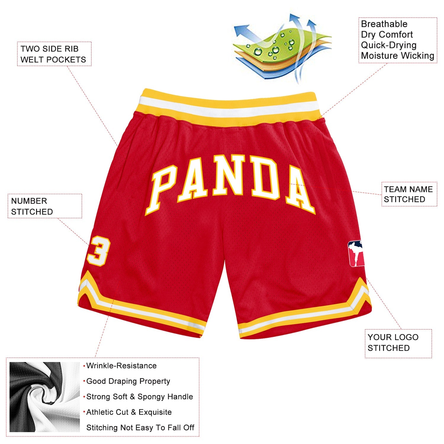 Custom Red White-Gold Authentic Throwback Basketball Shorts view 2