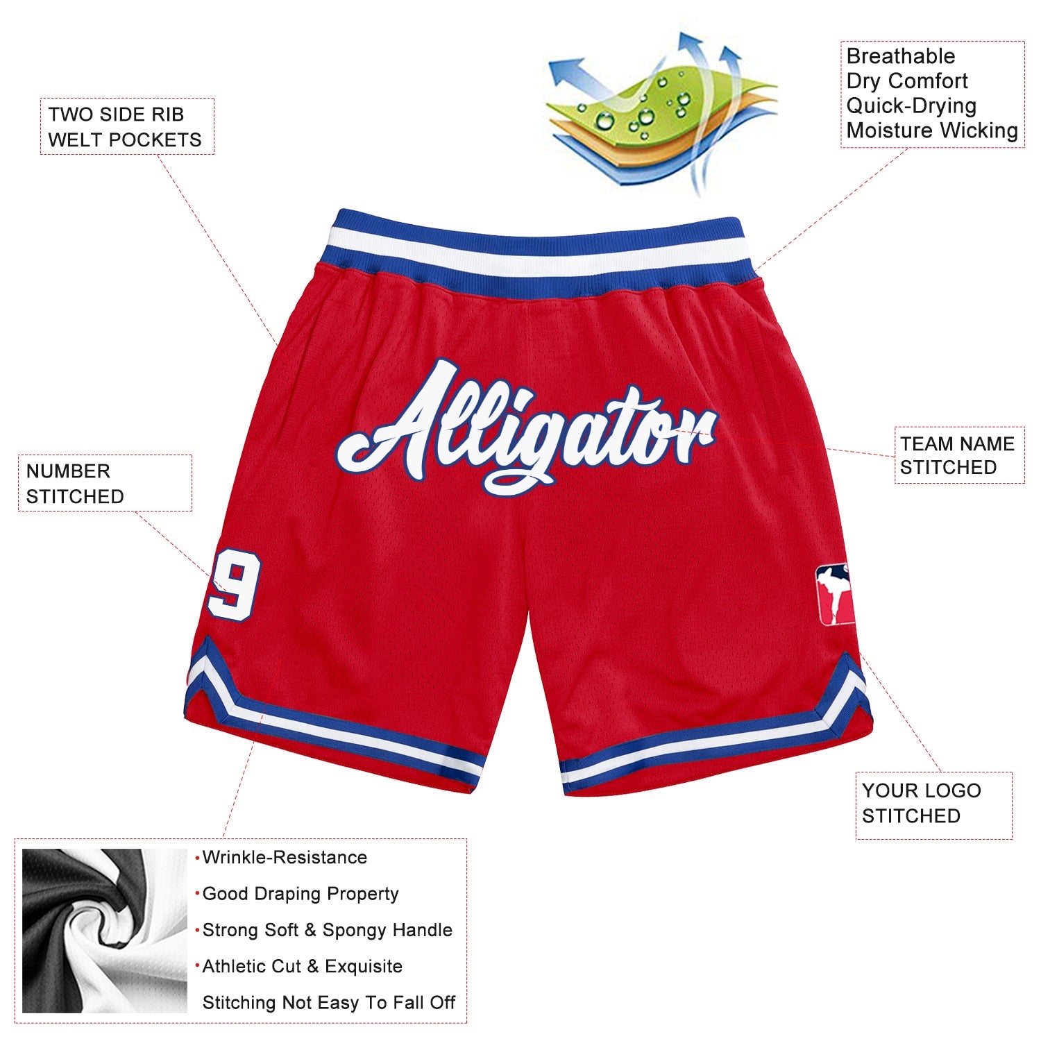 Custom Red White-Royal Authentic Throwback Basketball Shorts view 2
