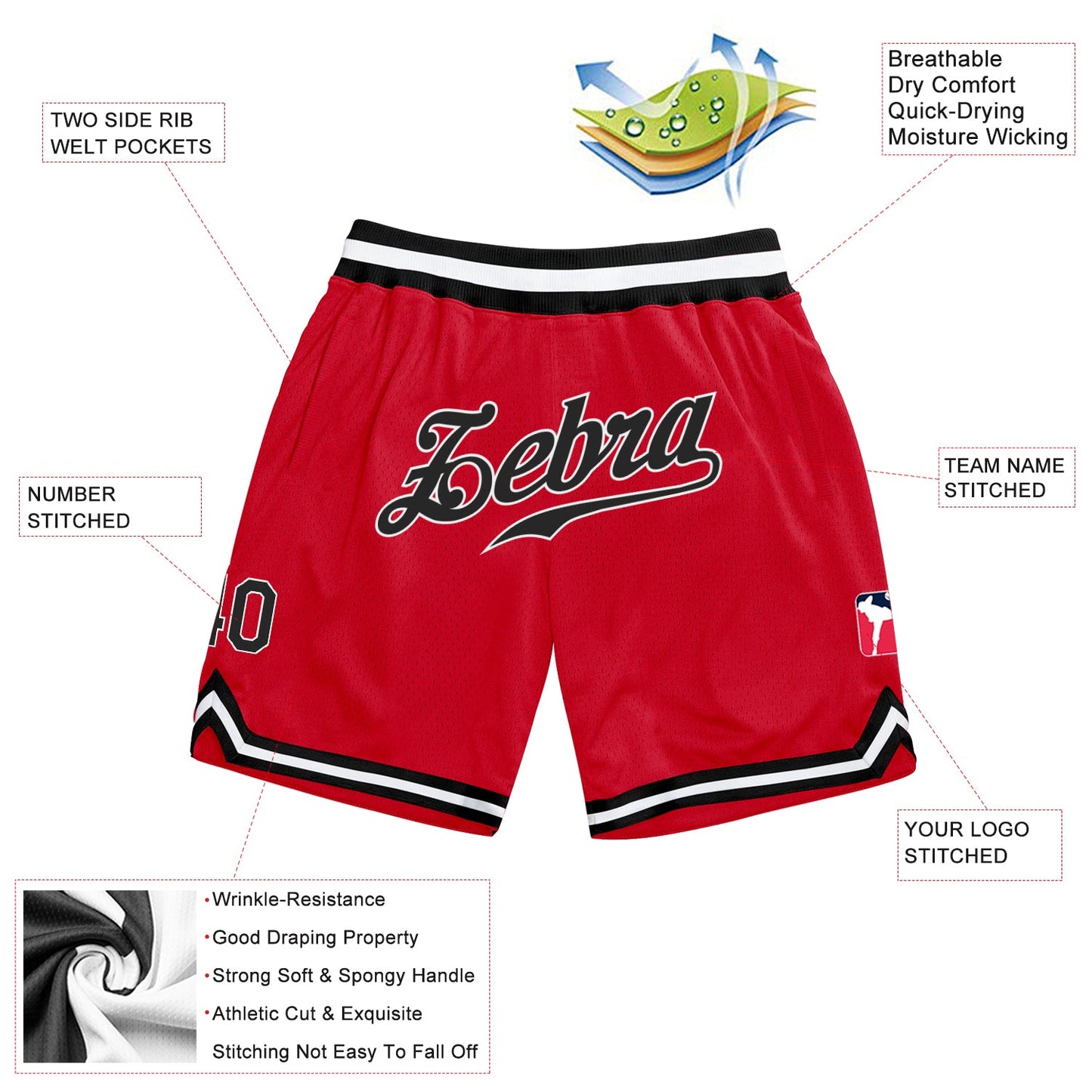 Custom Red Black-White Authentic Throwback Basketball Shorts view 3