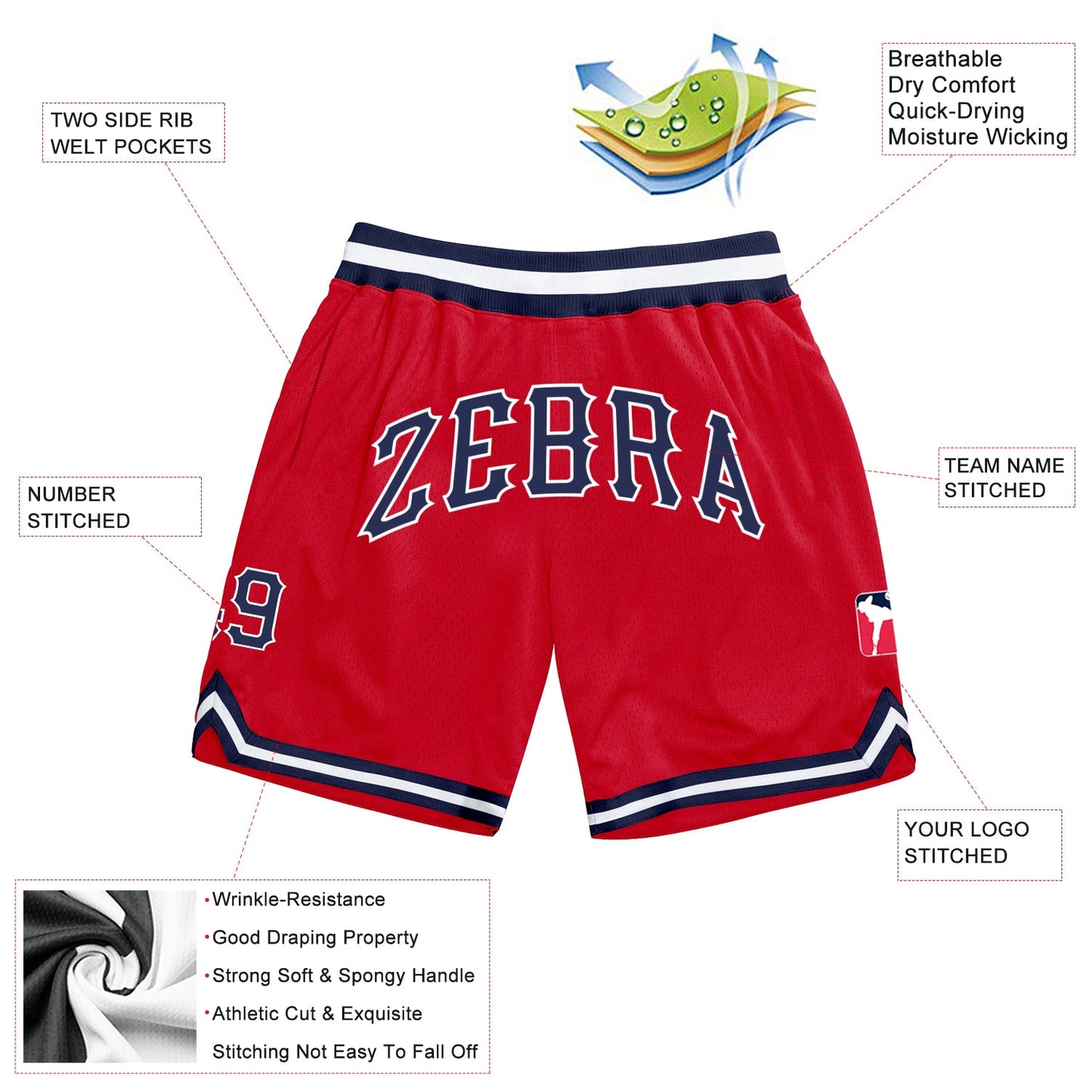 Custom Red Navy-White Authentic Throwback Basketball Shorts view 2