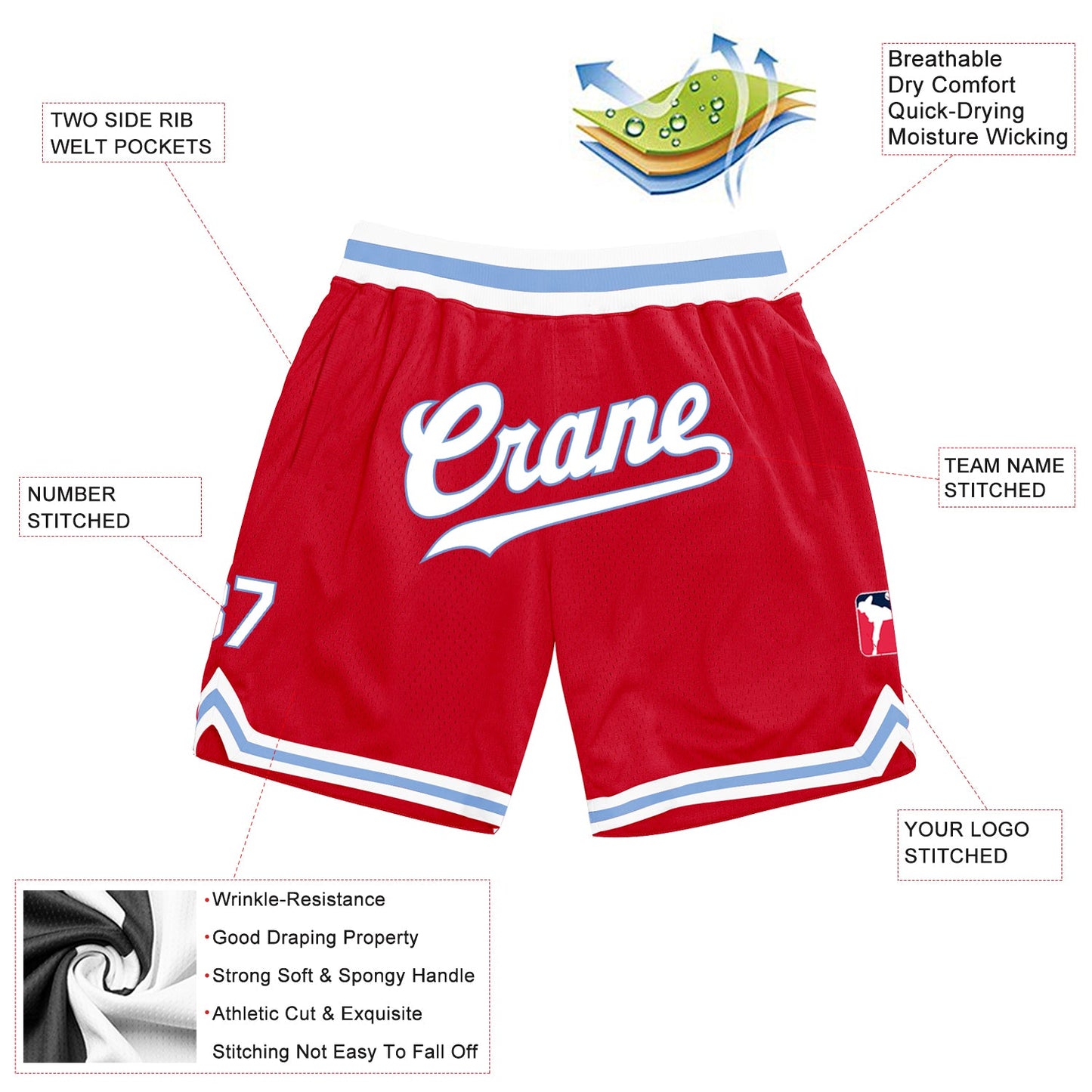 Custom Red White-Light Blue Authentic Throwback Basketball Shorts view 2