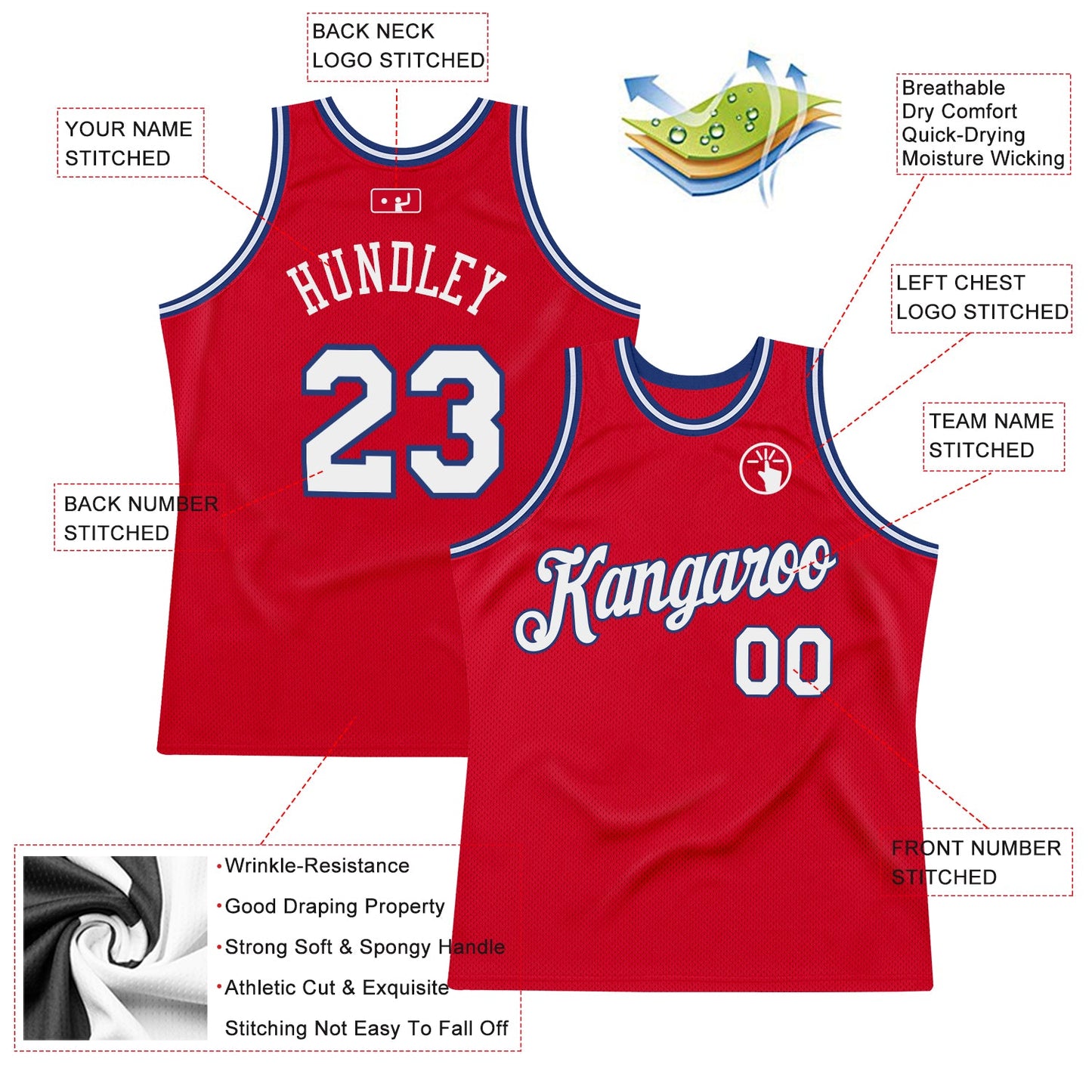 Custom Red White-Royal Authentic Throwback Basketball Jersey view 2