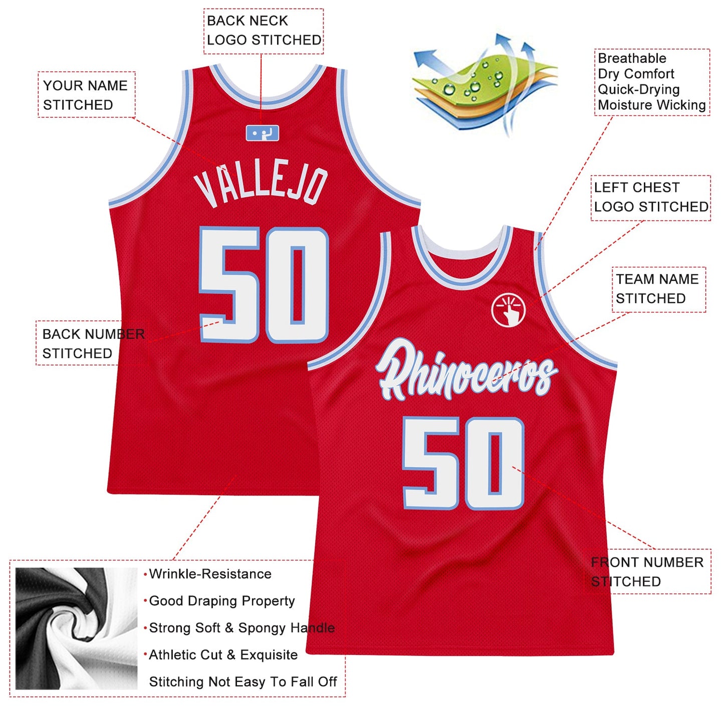 Custom Red White-Light Blue Authentic Throwback Basketball Jersey view 2