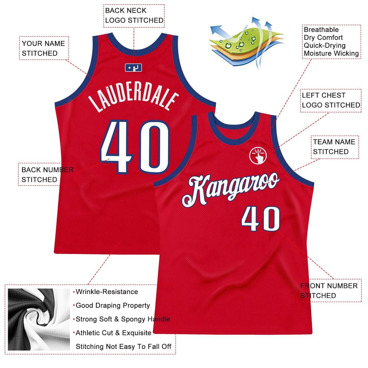 Custom Red White-Royal Authentic Throwback Basketball Jersey view 2