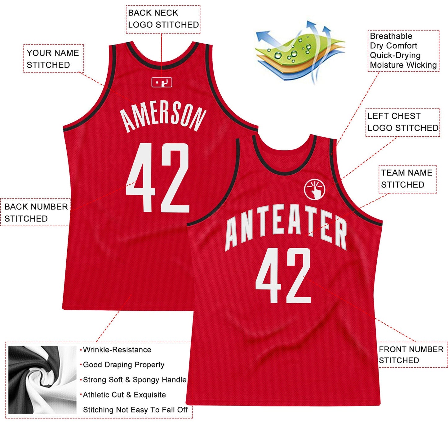 Custom Red White-Black Authentic Throwback Basketball Jersey view 2