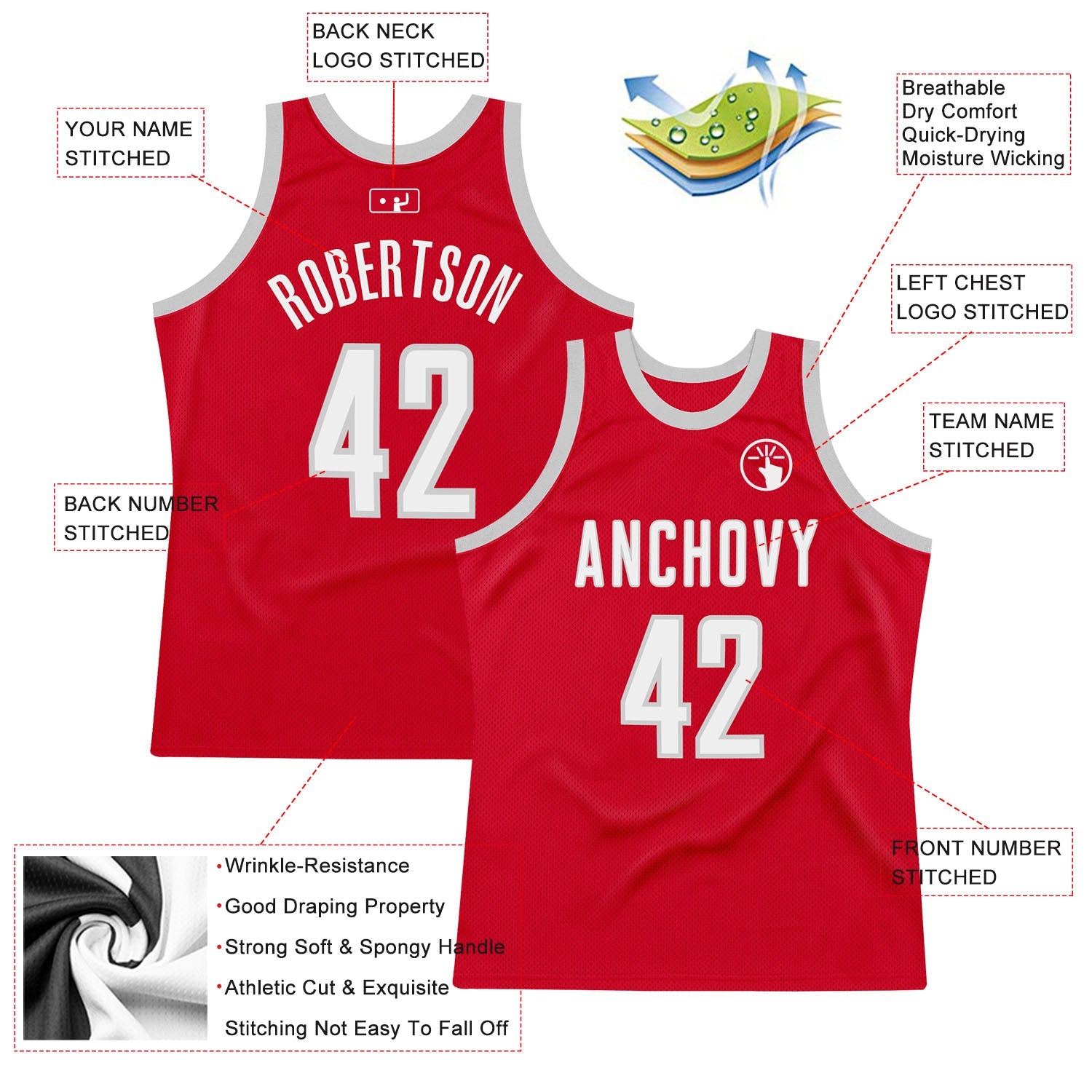 Custom Red White-Gray Authentic Throwback Basketball Jersey view 2