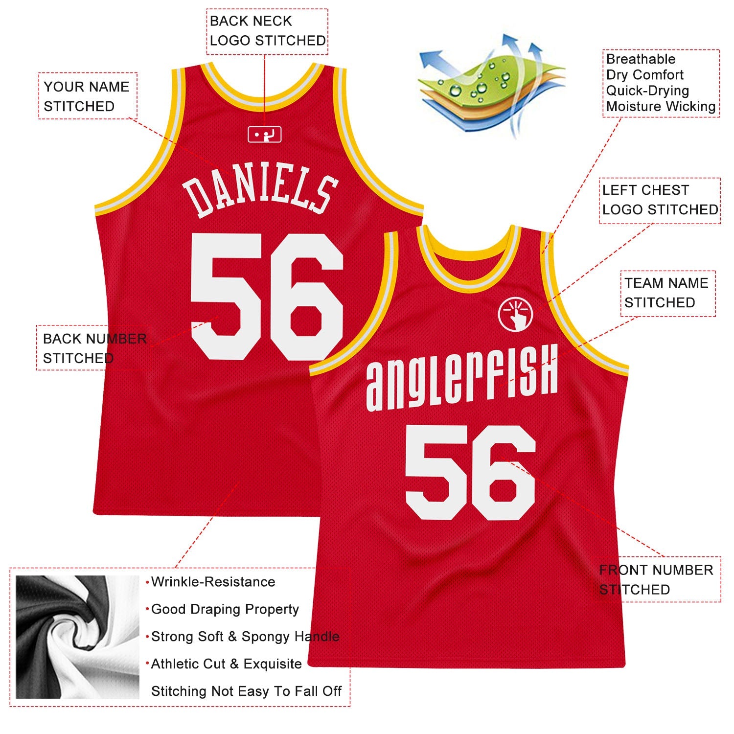 Custom Red White-Gold Authentic Throwback Basketball Jersey view 2