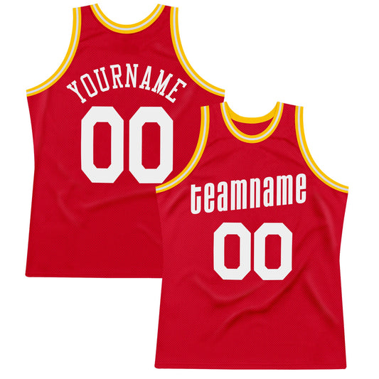 Custom Red White-Gold Authentic Throwback Basketball Jersey - Main View