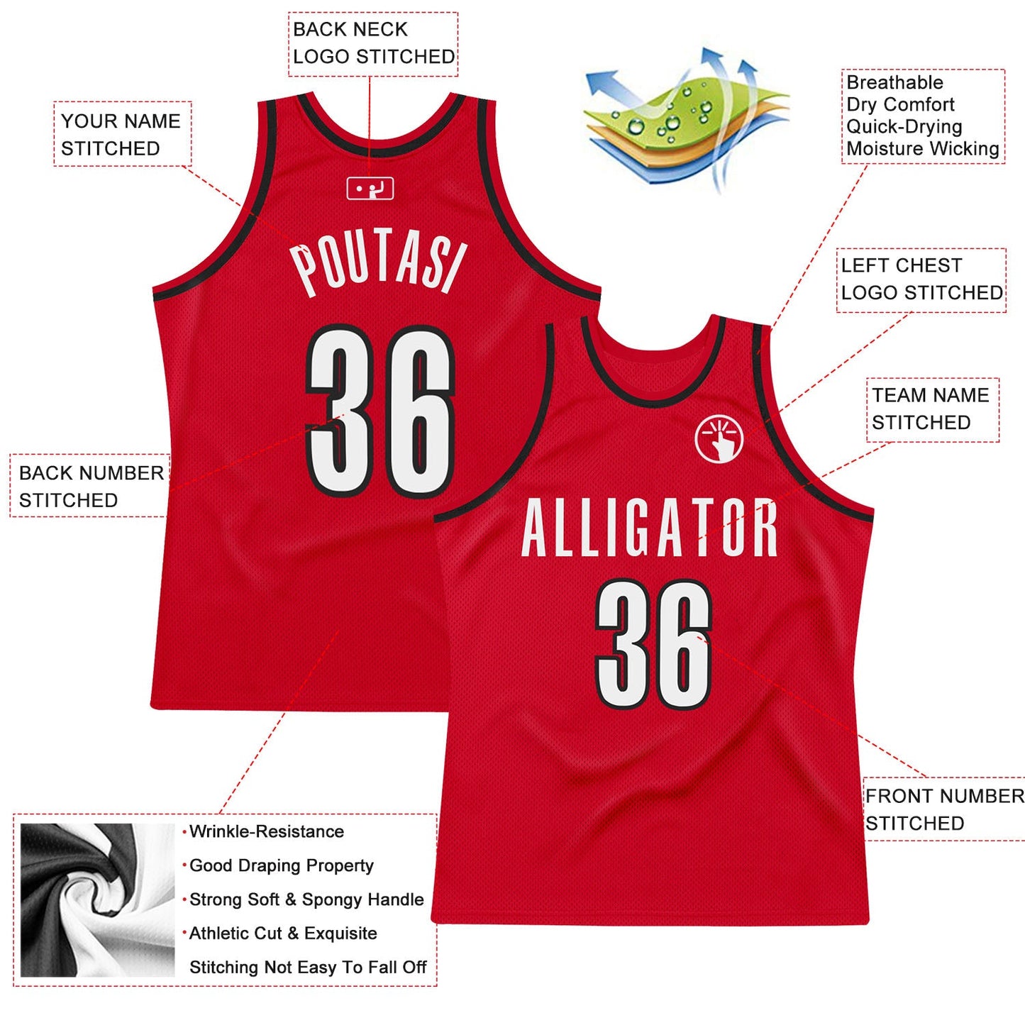 Custom Red White-Black Authentic Throwback Basketball Jersey view 2