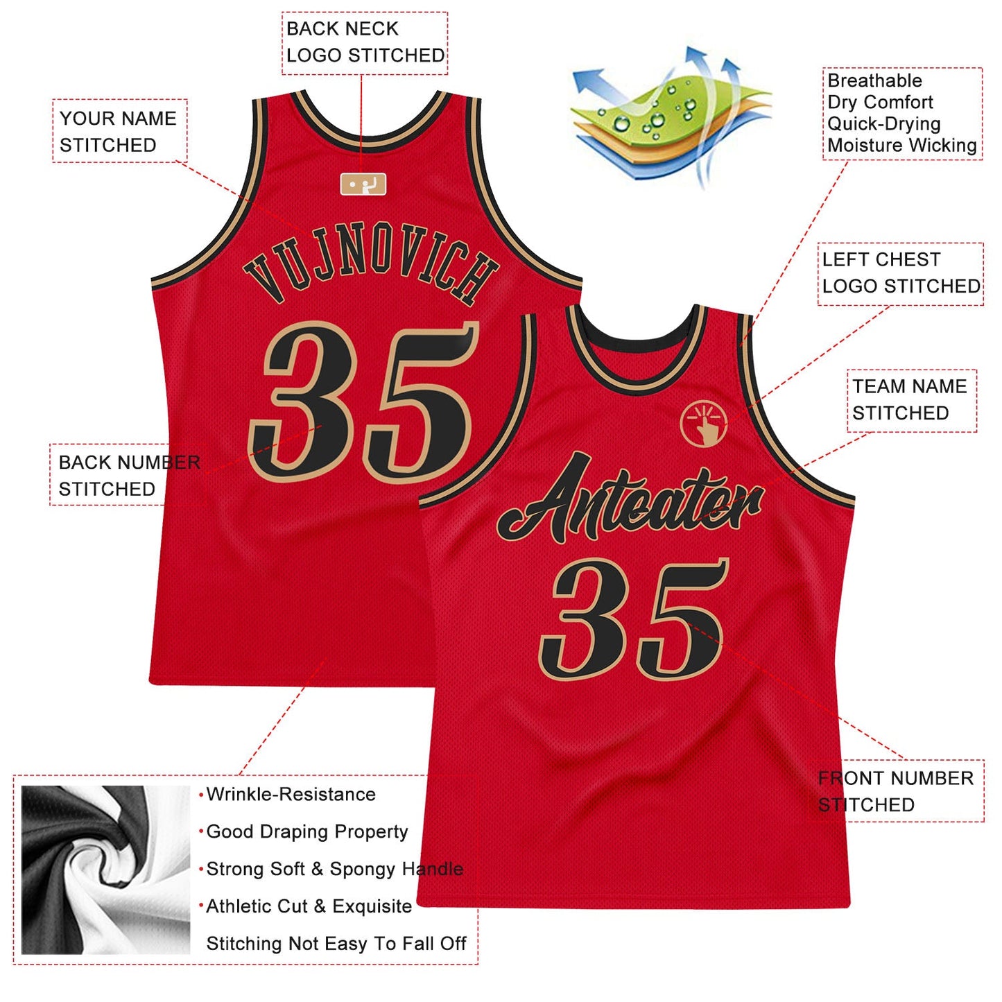 Custom Red Black-Old Gold Authentic Throwback Basketball Jersey view 2