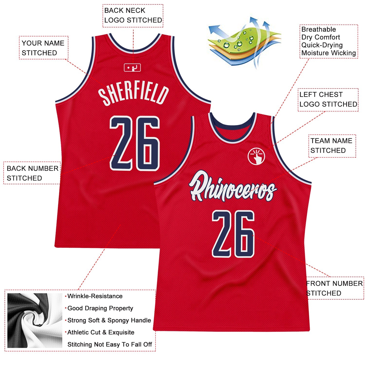 Custom Red Navy-White Authentic Throwback Basketball Jersey view 2