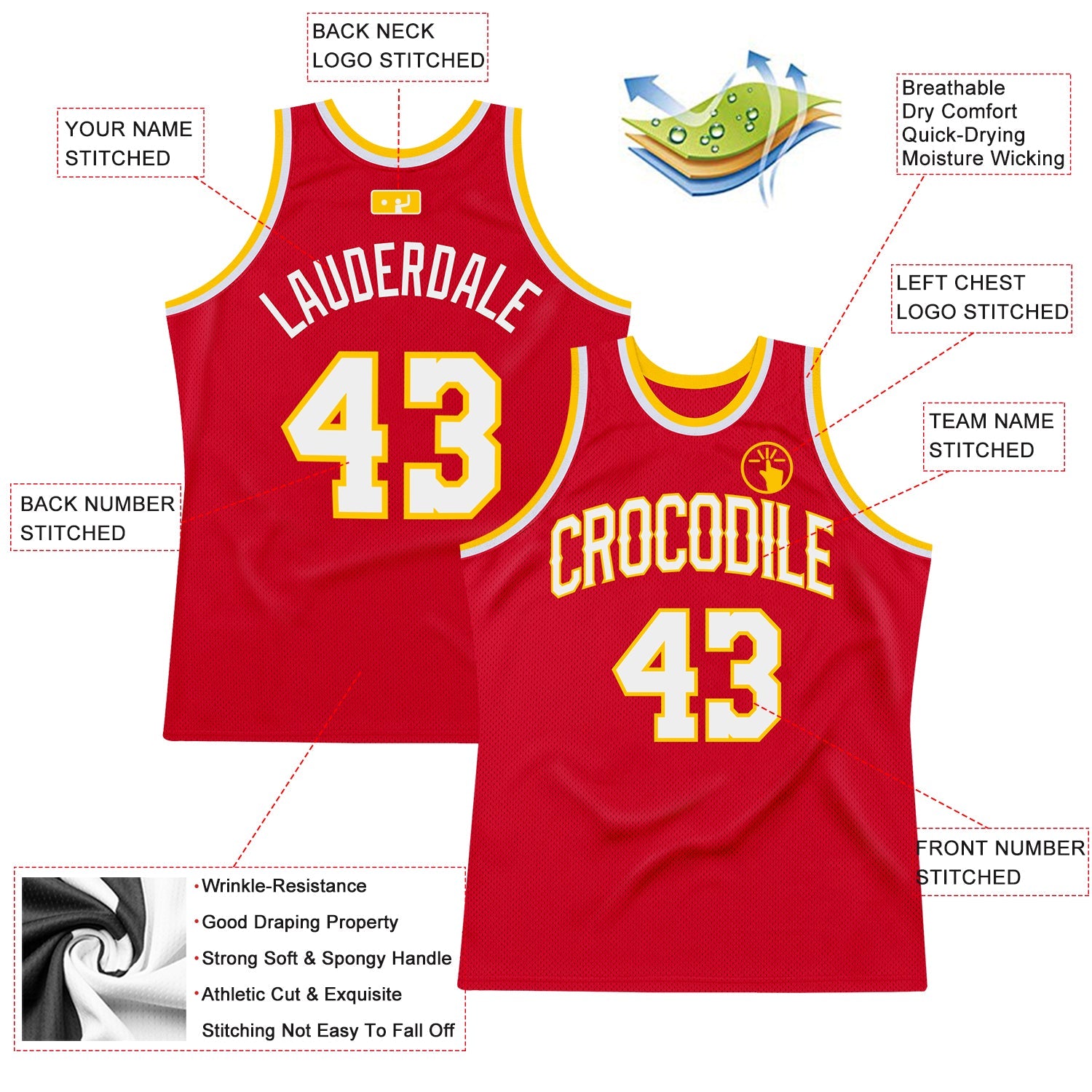 Custom Red White-Gold Authentic Throwback Basketball Jersey view 2