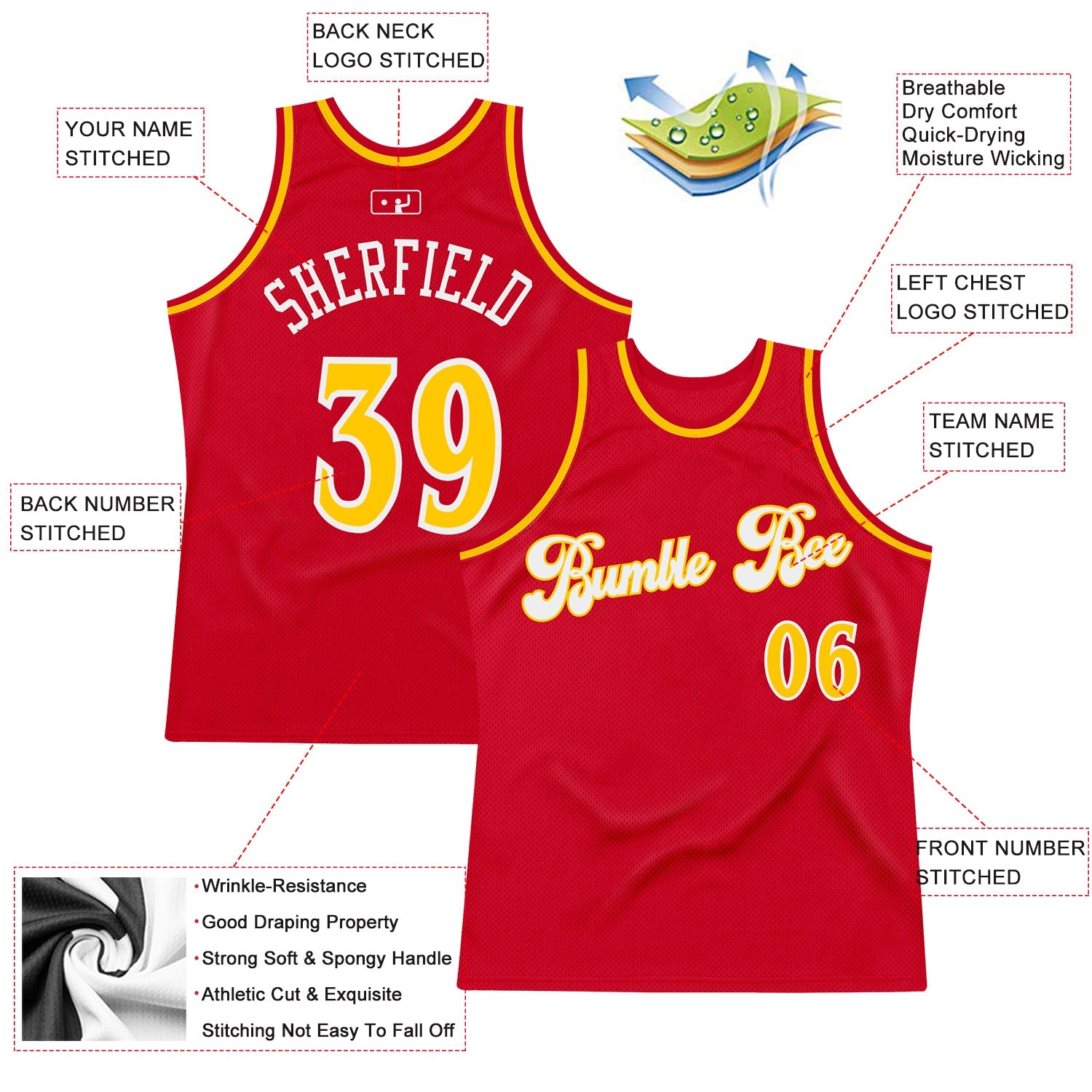 Custom Red Gold-White Authentic Throwback Basketball Jersey view 2