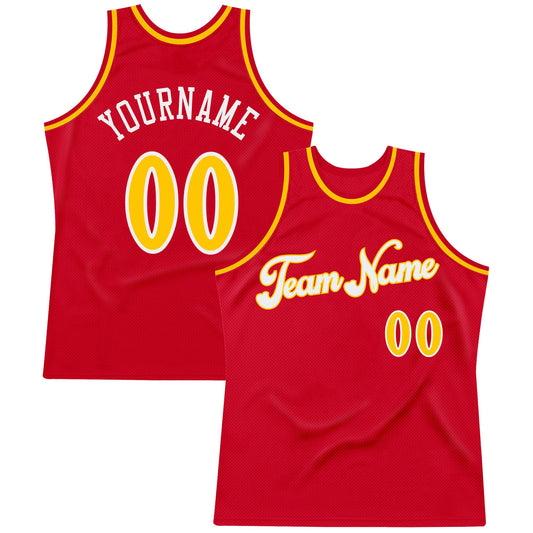 Custom Red Gold-White Authentic Throwback Basketball Jersey - Main View