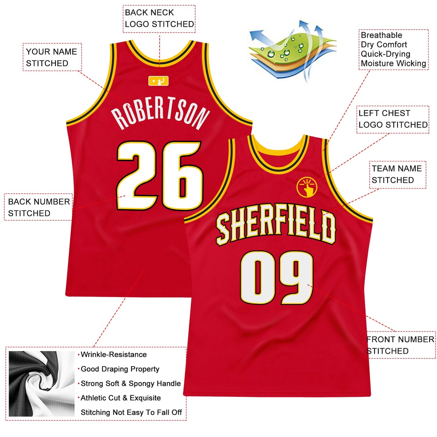Custom Red White-Gold Authentic Throwback Basketball Jersey view 2