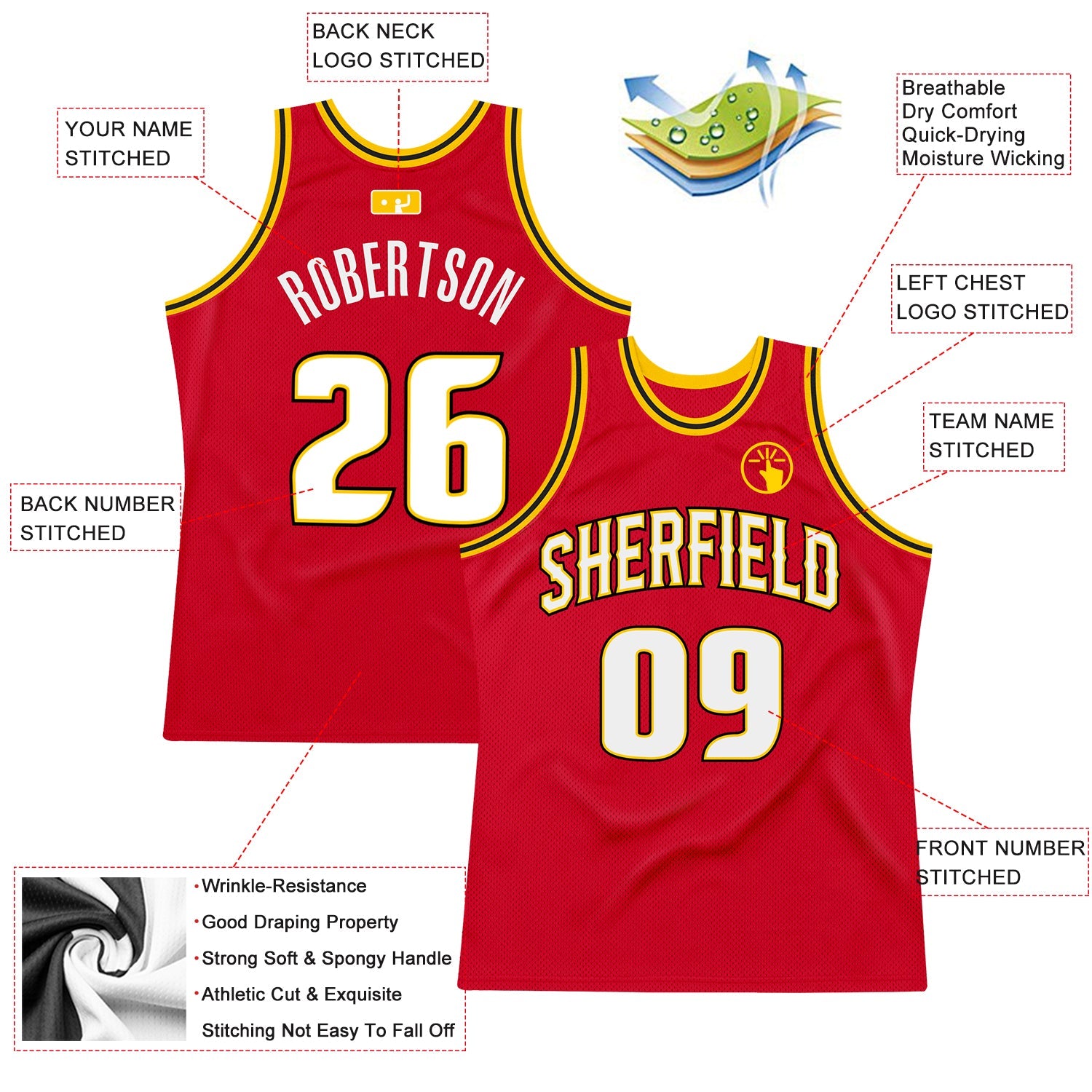 Custom Red White-Gold Authentic Throwback Basketball Jersey view 2