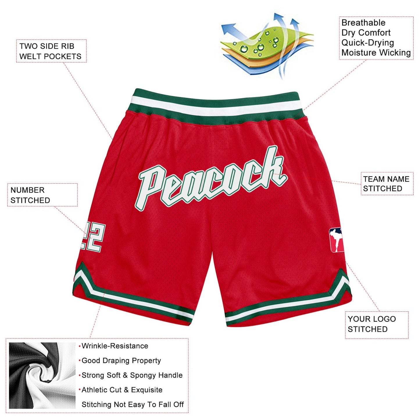 Custom Red White-Kelly Green Authentic Throwback Basketball Shorts view 2