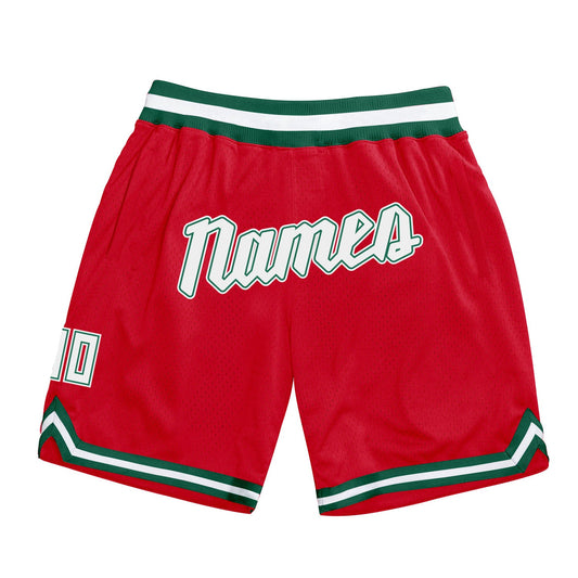 Custom Red White-Kelly Green Authentic Throwback Basketball Shorts - Main View