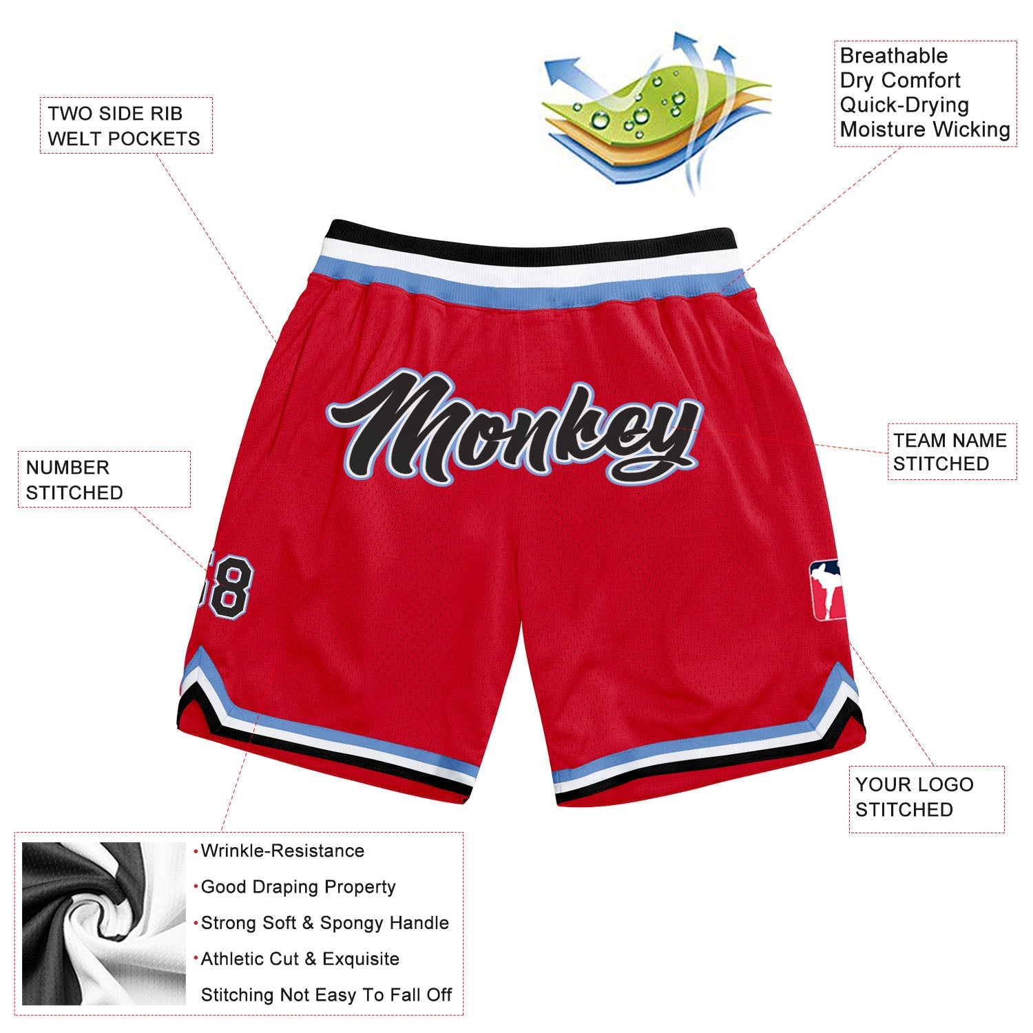 Custom Red Black-Light Blue Authentic Throwback Basketball Shorts view 2