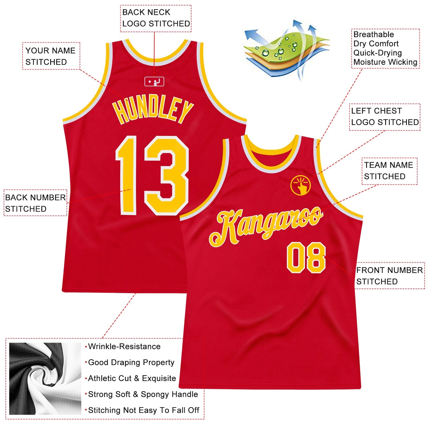 Custom Red Gold-White Authentic Throwback Basketball Jersey view 2