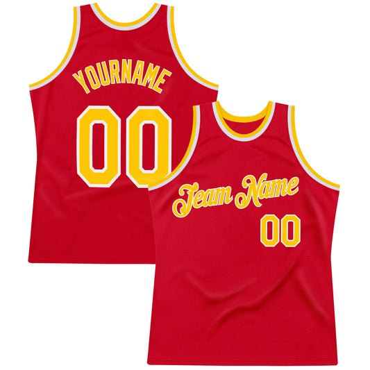 Custom Red Gold-White Authentic Throwback Basketball Jersey - Main View
