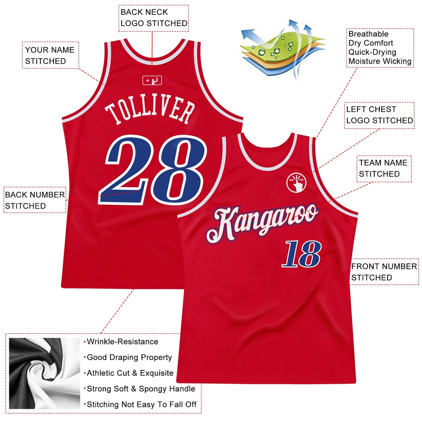 Custom Red Royal-White Authentic Throwback Basketball Jersey view 2