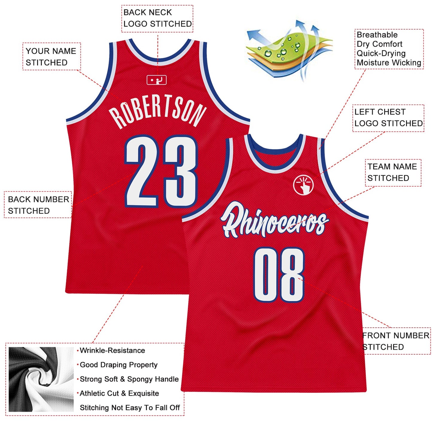 Custom Red White-Royal Authentic Throwback Basketball Jersey view 2