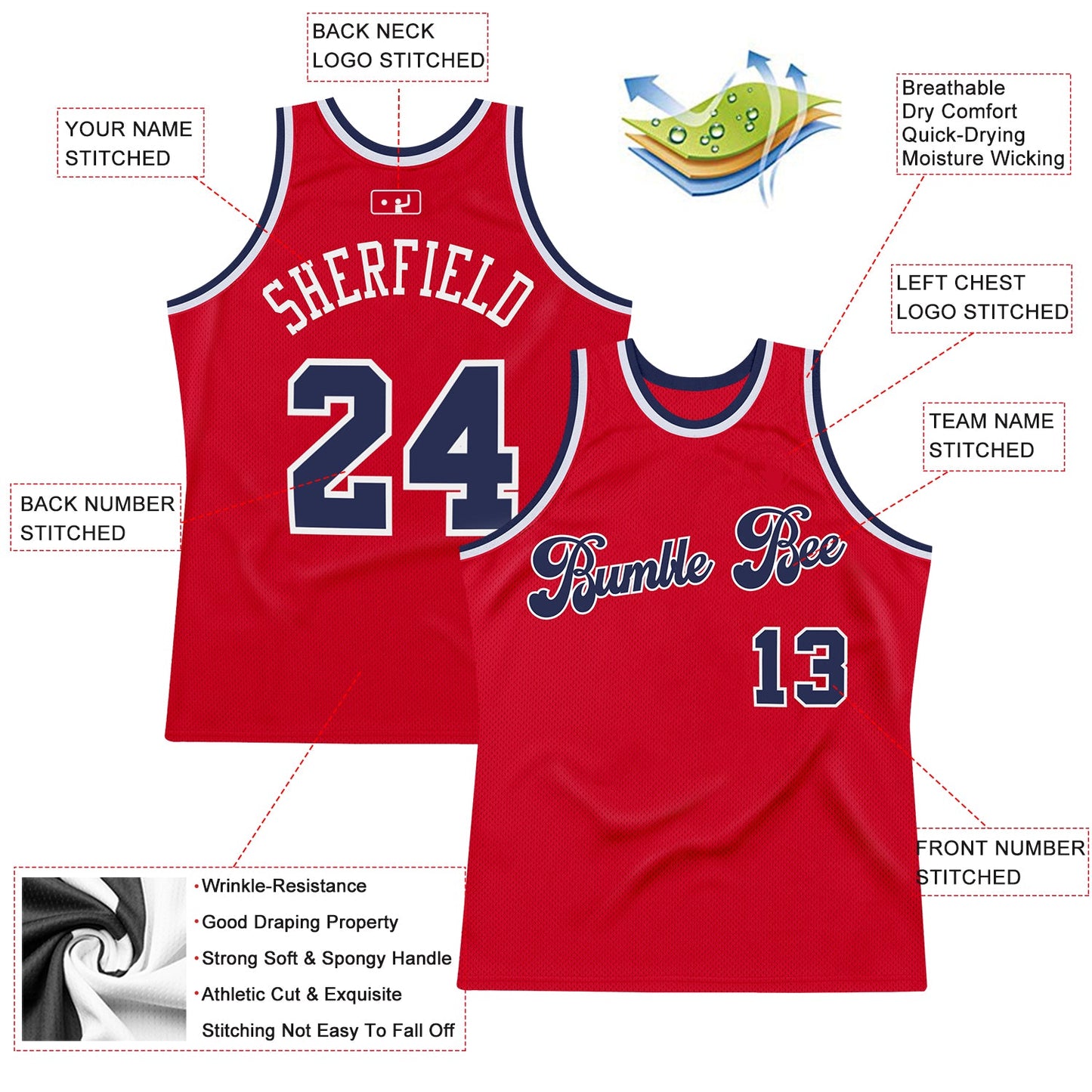 Custom Red Navy-White Authentic Throwback Basketball Jersey view 2
