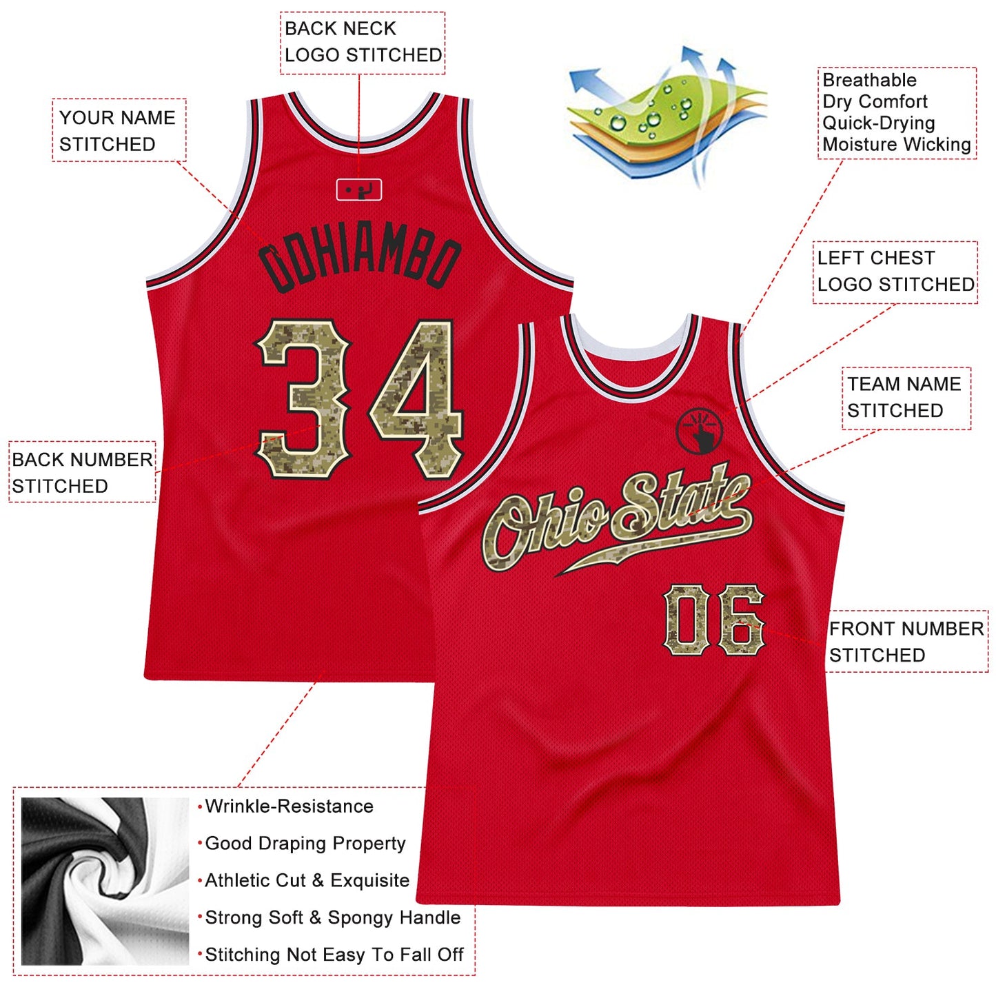 Custom Red Camo-Black Authentic Throwback Basketball Jersey view 2