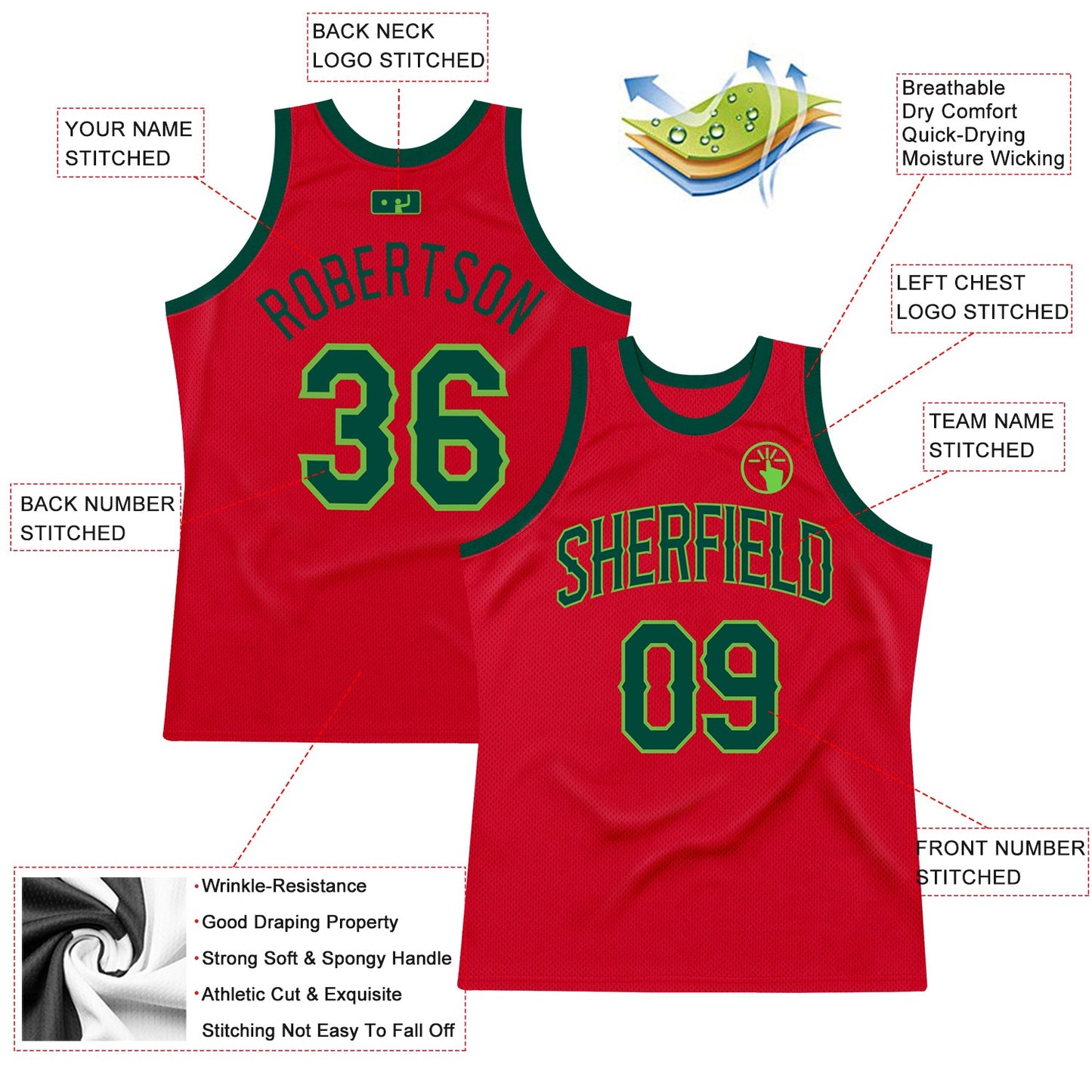 Custom Red Hunter Green-Neon Green Authentic Throwback Basketball Jersey view 2