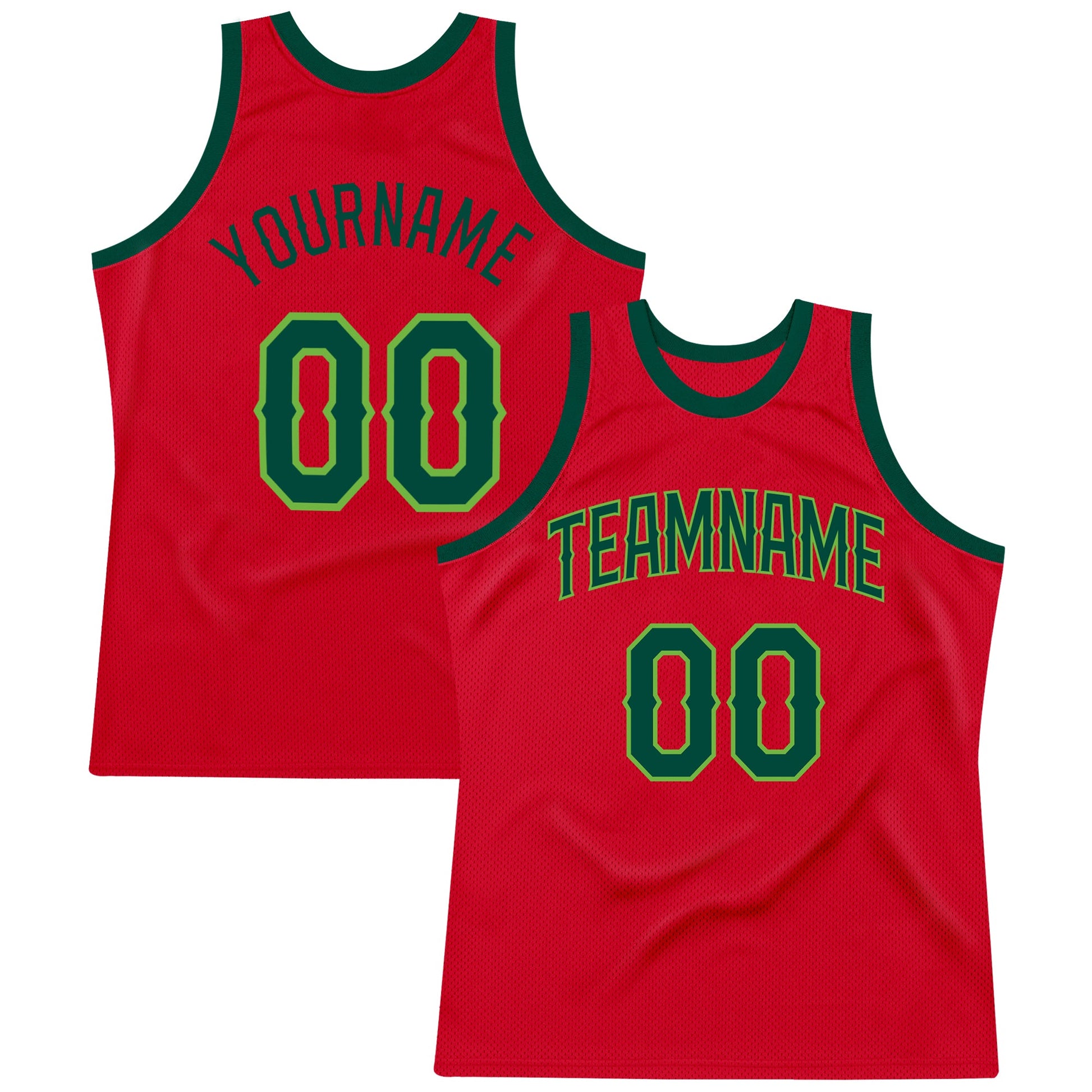 Custom Red Hunter Green-Neon Green Authentic Throwback Basketball Jersey - Main View
