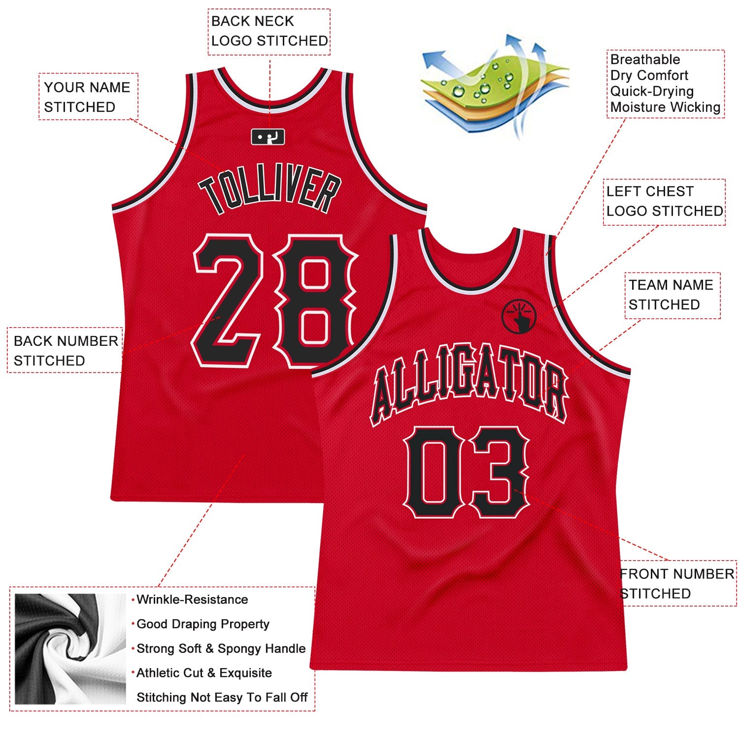Custom Red Black-White Authentic Throwback Basketball Jersey view 2