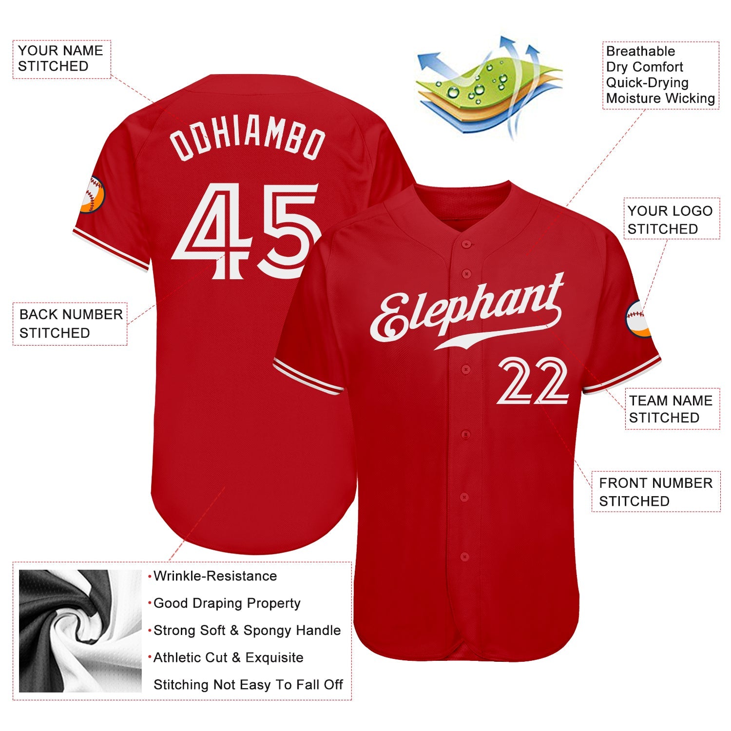 Custom Red White Authentic Baseball Jersey view 3