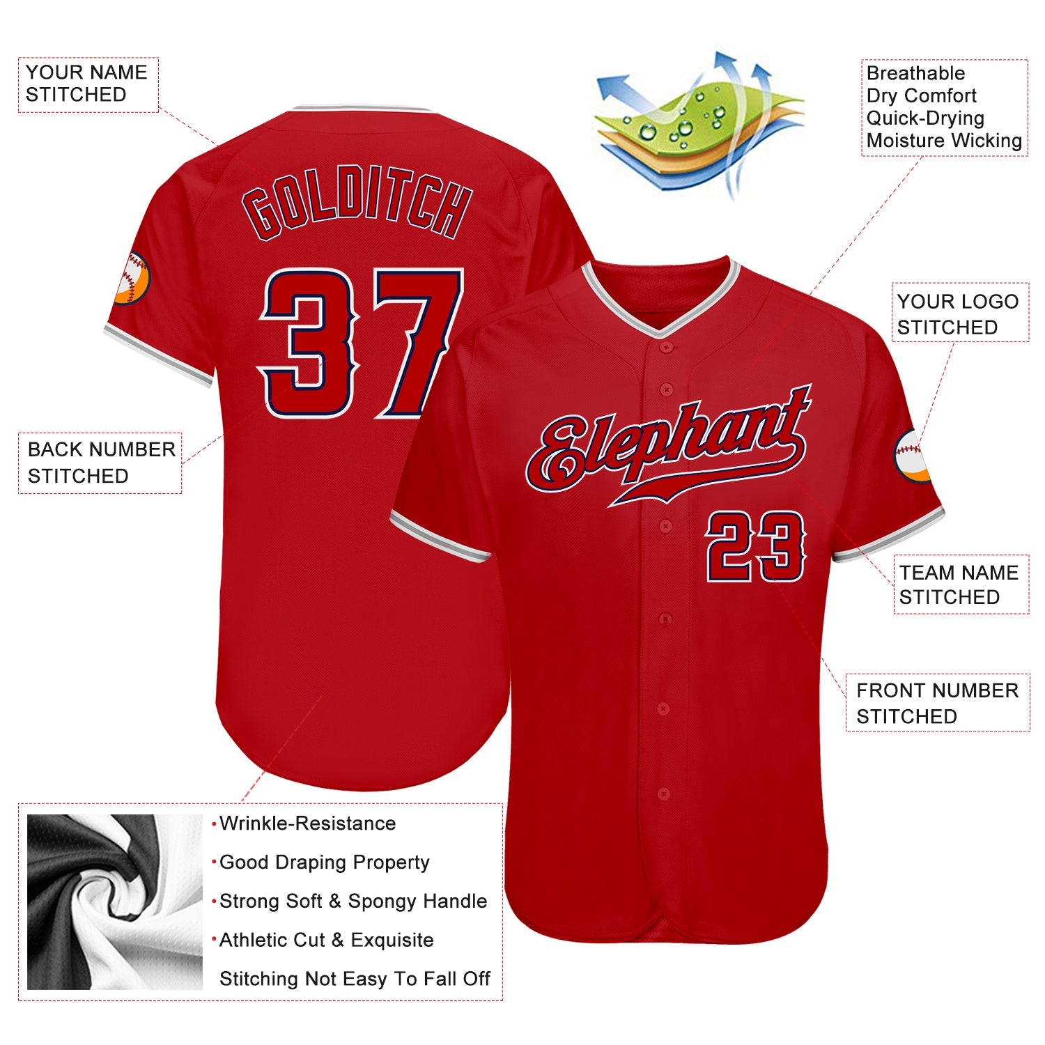 Custom Red Red-Navy Authentic Baseball Jersey view 3